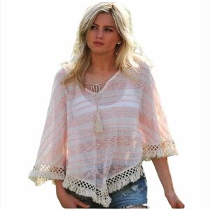 ORANGE CREEk Peach/Cream Tassle Hem Sheer Poncho